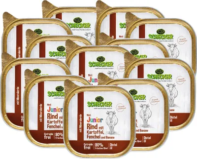 Produktbild von 12 x 200g - Schecker Nassfutter - Hundemenü - Junior Rind mit Kartoffel, Fenchel und Banane