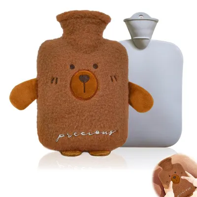 Immagine prodotto di Borsa dell'acqua calda con rivestimento in peluche morbido, capacità 1 litro, con copertura termica removibile, ideale per l'addome e il collo