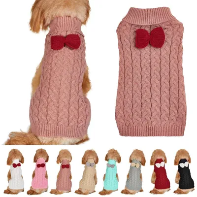 Image de Pull pour chien, col roulé avec nœud, tricoté, chaud, vêtements d'hiver, rose, rose