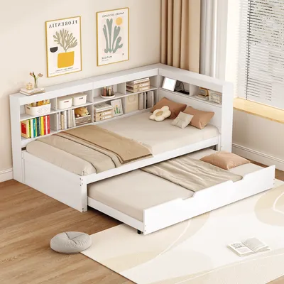 Produktbild von MODFU Schlafsofa Tagesbett 90x200cm mit Ausziehbett 90x190cm, Plattformbett Holzbett Daybett Kinderbett Jugendbett mit Staufach mit USB, Weiß(Ohne Matratze)