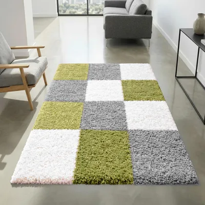 Zdjęcie produktu dla Dywan Shaggy, wielokolorowy, zielono-szaro-kremowy – nowoczesny dywan z długim włosiem i wzorem w kratkę, wymiary: 80 x 150 cm