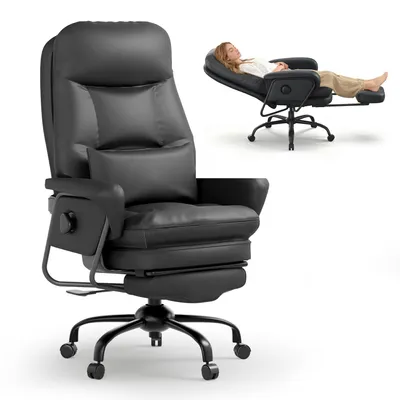 A black ergonomic office chair with a reclined person in a smaller inset image.