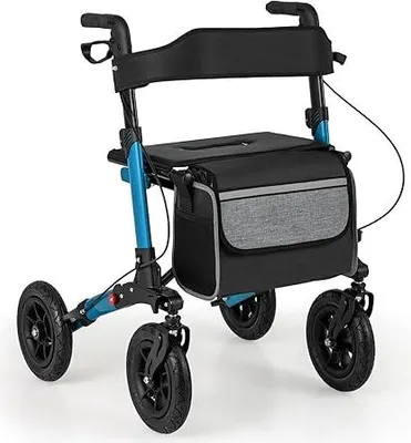Produktbild von 4-Rad Aluminium Rollator, faltbarer Rollator mit gepolstertem Sitz und Rückenlehne, All-Terrain Reifen und Korb, leichter Rollator, höhenverstellbar