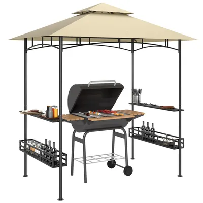 A grill pavilion with a barbecue grill and accessories, set against a white background.