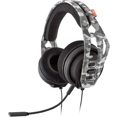 A gaming headset with a camouflage design is shown against a white background.