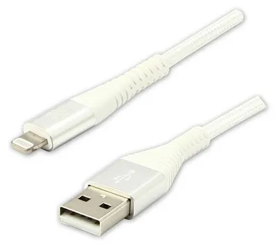 Produktbild von Logo USB kabel (2.0), USB A M - Apple Lightning M, 1m, MFi certifikat, 5V/2,4A, biały, box, oplot nylonowy, aluminiowa osłona złąc