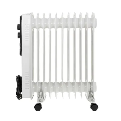 A white oil-filled radiator with black wheels and controls, shown from the side against a white background.