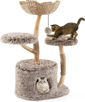 Imagen del producto de Árbol para gatos de 105 cm, hecho de madera, con postes rascadores de yute y madera maciza, cueva para gatos, 2 plataformas de felpa, cesta y pelota. Torre para gatos, mueble para gatos, rascador para gatos, estructura para escalar, color marrón