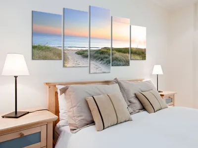 Immagine prodotto di Immagine acustica spiaggia natura 200x100 cm immagini schiuma acustica ad alte prestazioni fonoassorbente isolamento acustico tela 5 pezzi parete immagine ambiente acustica isolamento acustico c-A-0048-b-m
