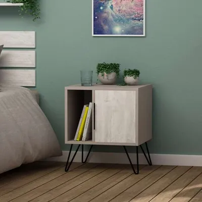 Zdjęcie produktu dla Decortie Glynn Nowoczesna szafka nocna szary mokka - antyczna biel, meble do sypialni, 50,2 x 44,6 x 58 cm