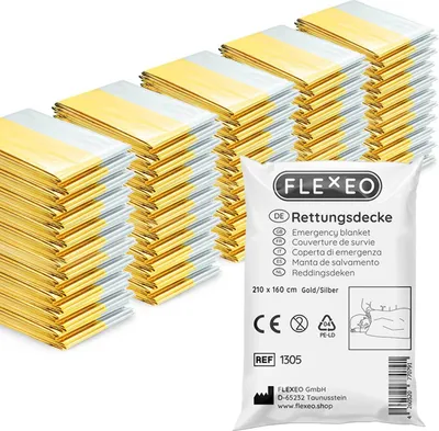 Produktbild von FLEXEO Rettungsdecke Gold/Silber 160 x 210 cm Notfalldecke Erste-Hilfe-Decke, 50 Stück