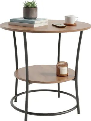 Produktbild von Relaxdays Beistelltisch, 2 Ablagen, HxD: 55 x 55 cm, Holzoptik & Metall, Sofatisch, runder Couchtisch, braun/schwarz