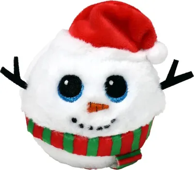 A plush toy snowman wearing a Santa hat and scarf.