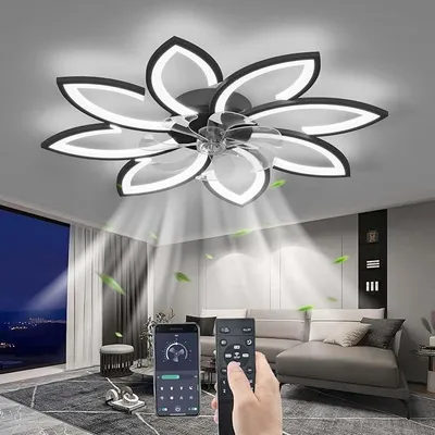 Productafbeelding van Stille plafondventilator met verlichting en afstandsbediening, LED-dimbare ventilator-plafondlamp, modern design, geschikt voor woonkamer en slaapkamer, instelbaar in 6 snelheden, zwart, 90 cm