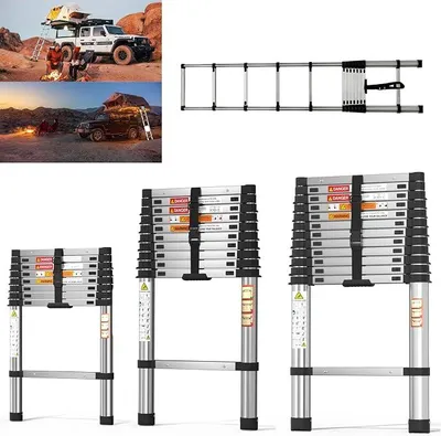 Imagen del producto de Escalera telescópica de 3.8 metros (12.5 pies), escalera de acero extensible con pies de goma antideslizantes, escalera plegable y extensible con una carga máxima de 150 kg (330 libras), ideal para uso en interiores y en la construcción