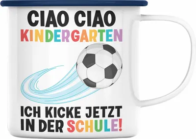 Produktbild von Trendation - Einschulung Junge Fußball Schulkind Geschenk für Schultüte Füllung Emaille Tasse Schulstart 1. Schultag Schuleinführung Schulanfang Geschenkidee 2022 (Blau)