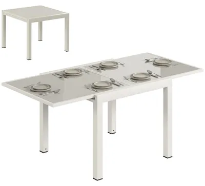 Produktbild von Ausziehbarer Gartentisch Aluminium, 90/180x90 cm, 4-8 Pers., Cremewei?, Sicherheitsglasplatte, Selbstverstauend, Verstellbare Fš¹?e