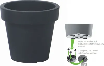 A dark gray planter pot is shown next to a diagram illustrating its wheeled base.