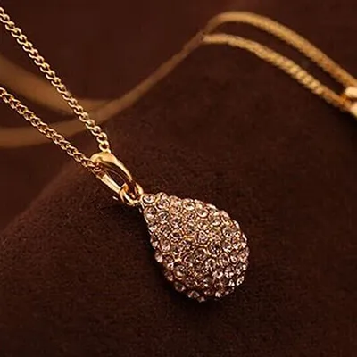 Produktbild von Damenmode glänzende Strass Wassertropfen Anhänger lange Kette Pullover Halskette-Gold