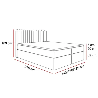 A line drawing of a continental bed with dimensions indicated by red lines and text.