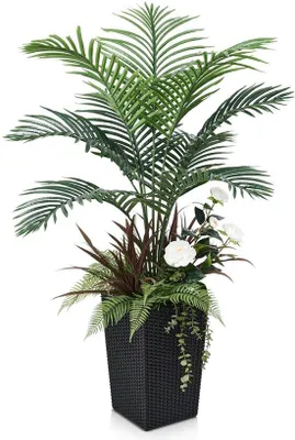 Obrázek produktu pro Umělá palma, velká, 120 cm, 5 druhů rostlin, černý květináč, odolná proti UV záření, realistická, umělá palma do obývacího pokoje, na balkon, do kanceláře, do zahrady