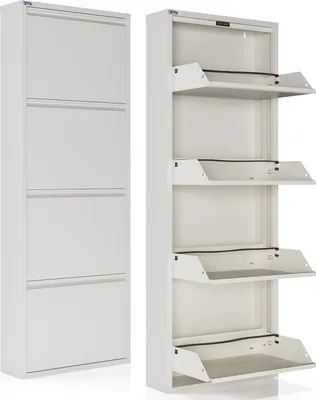 A white metal shoe cabinet shown from the front and side.