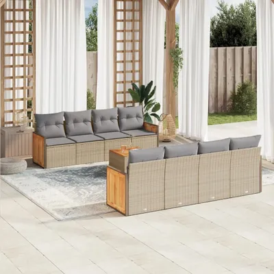Produktbild von Design 9-tlg. Garten-Sofagarnitur mit Kissen Beige Poly Rattan, Gartenmöbel-Sets 2024 Neu