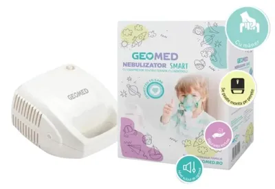 Productafbeelding van Geomed, Geomed-vernevelaar, met compressor en compact ontwerp, geschikt voor volwassenen en kinderen, elektrisch. Inclusief: masker voor volwassenen, kindermasker, mondstuk, luchtslang en medicijnreservoir