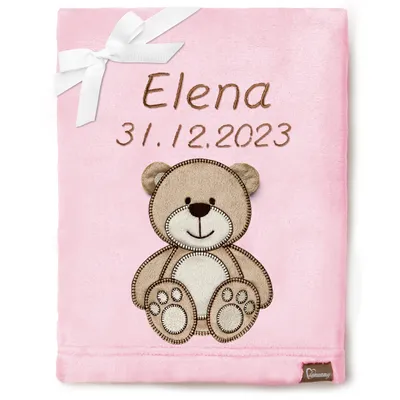 Produktbild von Be Mammy Babydecke mit 3D Applikation bestickt mit Name und Geburtsdatum 76 x 102 cm BE20-280 (Puderrosa – Bär, 76 x 102 cm)