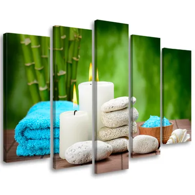 Produktbild von 5-teiliges leinwandbild zen-kerze bambus-stein 150x100 cm Feeby grün wandbild bereit zum aufhängen