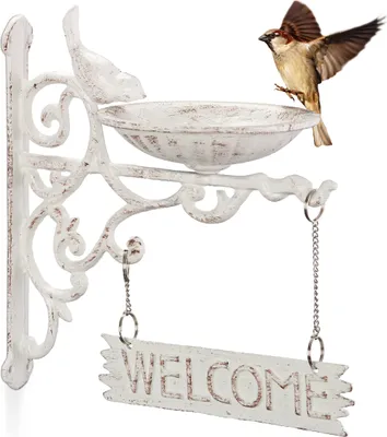 Produktbild von Relaxdays Vogeltränke Gusseisen, WELCOME Schild, Gartendeko, Wandmontage, Vintage, Wasserschale für Wildvögel, weiß