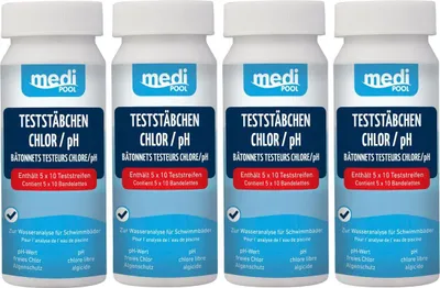 Produktbild von 4 Dosen 502010803MP mediPOOL Teststreifen für Chlor / pH Wert / Algenschutz 200 Teststäbchen