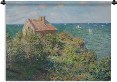 Produktbild von MuchoWow® Wandteppich Wandbehang Fischerhäuschen bei Varengeville - Gemälde von Claude Monet 120x90 cm Tapisserie Dekoration Wandtuch - Wohnen - Aufhänger für die Wand