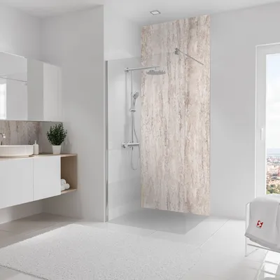 Produktbild von Schulte Duschrückwand, 100x255 cm, Wandverkleidung Stein Travertin-Beige, Aluminiumverbundplatte, fugenloser Fliesenersatz, EP1901025-556