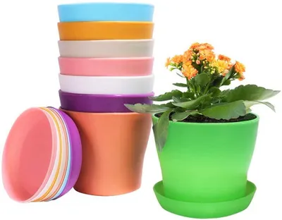 Imagen del producto de TRANKIELO® - 8 macetas de plástico de varios colores – 14 cm, macetas redondas mini para plantas, con plato de drenaje