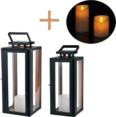 Produktbild von Marrakesch 2er Set LED Laterne Windlicht 38 cm und 30 cm | Laternen mit LED-Kerze Batterie betrieben und mit Timer Funktion | Gartenlaterne für Draußen Nossa modern als Gartendeko