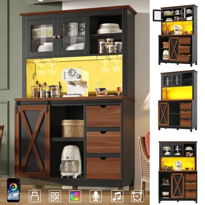 Produktbild von Moderner Hochschrank mit LED & App-Steuerung – Küchenschrank mit Schublade & Sideboard mit Schiebetür, 3 Schubladen, Esszimmerschrank, Schwarz