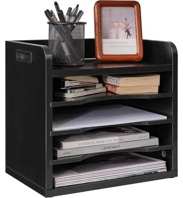 Produktbild von Schreibtisch Organizer aus Holz mit 5 Fächern und 3 verstellbaren Ordnerregalen, Schwarz