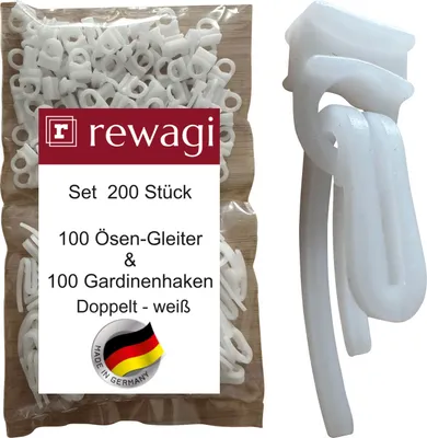 Image de rewagi 100 crochets à emboîter - crochets à rideaux doubles et 100 œillets coulissants CIE - crochets à clipser, crochets à plis pour tringle à rideaux/barre à rideaux - blanc