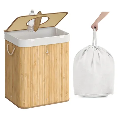 A laundry basket and a laundry bag are shown side-by-side against a white background.