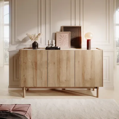 Produktbild von Masseno Kommode BOLOGNA 144 cm Sideboard und 3 Türen für Wohnzimmer Schlafzimmer Modern 144x37x83 cm Eichefarben / Eichefarben