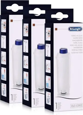 Three boxes of DeLonghi water filters are displayed side-by-side.