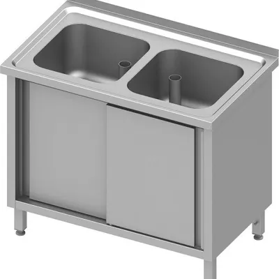 Produktbild von Spülschrank mit Schiebetüren 1000x600x850 mm, mit zwei Becken mit Aufkantung, verschweißt