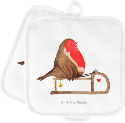 Produktbild von Mr. & Mrs. Panda Topfuntersetzer Rotkehlchen Schlitten - Weiß - Geschenk, Vogel, Kochlappen, Doppel Topflappen, Topflappenset, topfhalter, Weihnachten