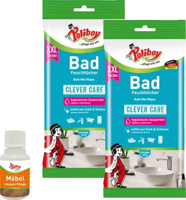 Produktbild von Poliboy XXL Bad Feuchttücher - 2x24 Maxi-Tücher inklusive Möbel Pflege Probe - für eine hygienische Reinigung