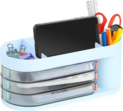 Immagine prodotto di Organizzatore per ufficio, portapenne, organizzatore multifunzionale con cassetto per la casa, l'ufficio e il bagno, toletta, porta trucchi, blu