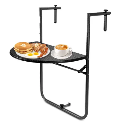 Produktbild von Balkonhängetisch Klappbar, Balkontisch zum Hängen, Hängetisch für Balkongeländer mit 3 Höhenverstellbar, Tischplatte 60x40 cm, in Rattan-Optik,Schwarz