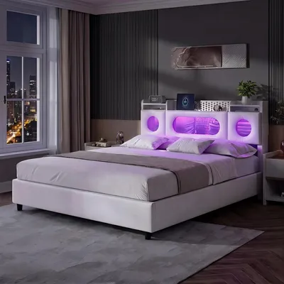 Immagine prodotto di Letto imbottito UnboxG 140x200 cm, letto con contenitore e sistema idraulico, illuminazione a LED, prese USB e Type-C, testiera con vano portaoggetti, ecopelle, bianco