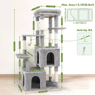 Imagen del producto de Árbol para gatos, estable, con una altura de 156 cm, base de 72x45 cm, 2 casas para gatos, plataforma acolchada, ideal para gatos