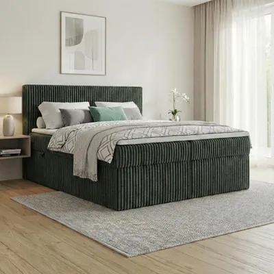 Produktbild von Boxspringbett RALF 180 x 200 cm mit Bettkasten, Topper und gepolstertem Kopfteil. Farbe: Grün, Härtegraden: H2 , Topper: T25-Topper